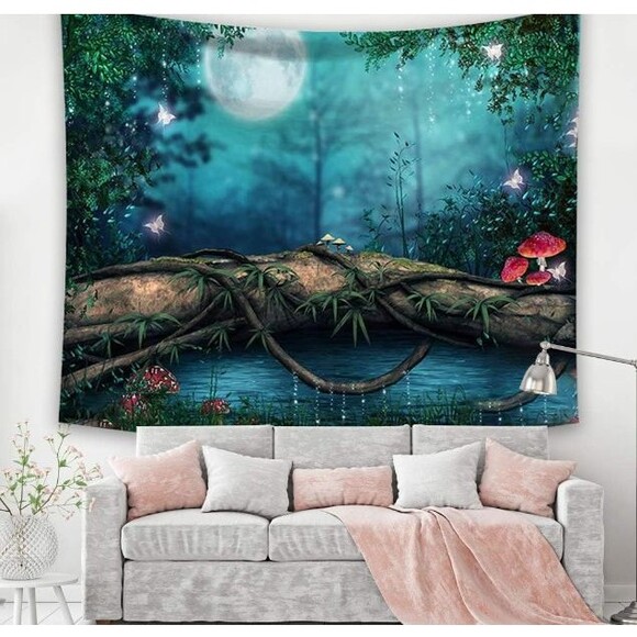 Extra LARGE Fantasy Mushrooms Butterflies Full Moon Tapestry 78"x58" - Picture 2 of 4